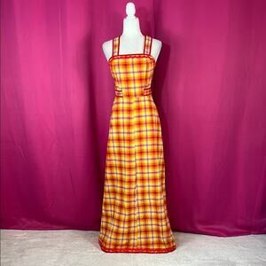 Vintage 70s Hennes  orange, red, yellow gingham plaid maxi dress sundress, 36 S